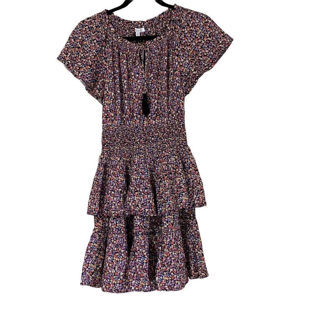 Patrons of Peace Women's Black Floral Short Sleeve Tiered Dress (NWT)